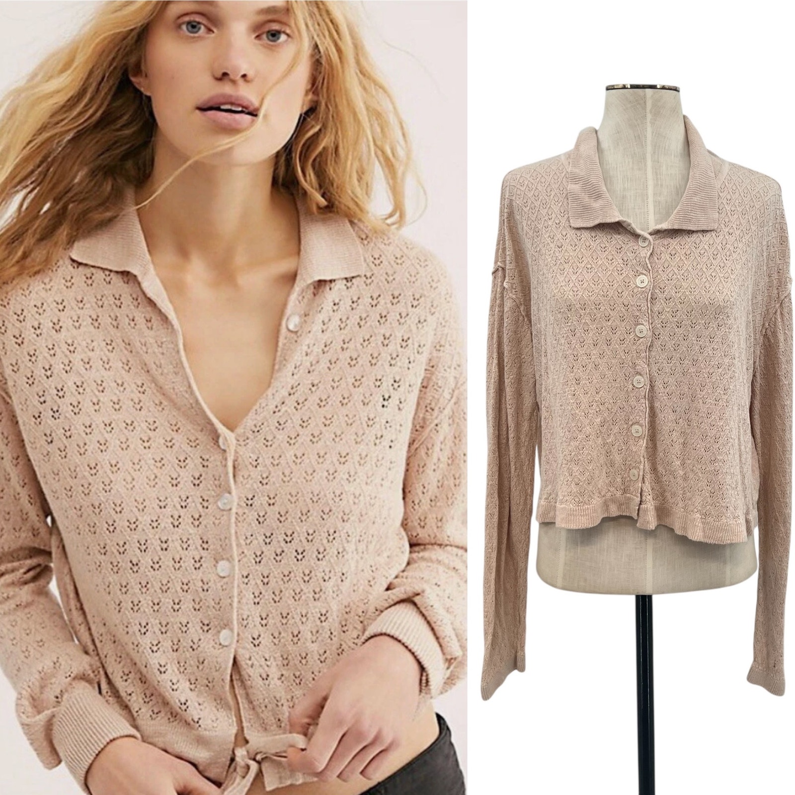 Free People Betty Cardigan Sweater Linen Blend Beige Tan Size Xl